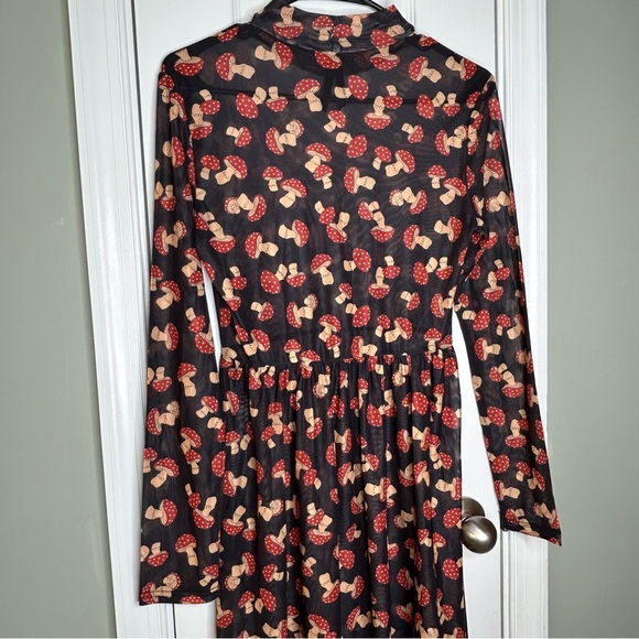 Dangerfield Sheer Black Mesh Mushroom Print Unique Alt Goth Mock Neck Dress 6 - Picture 6 of 11